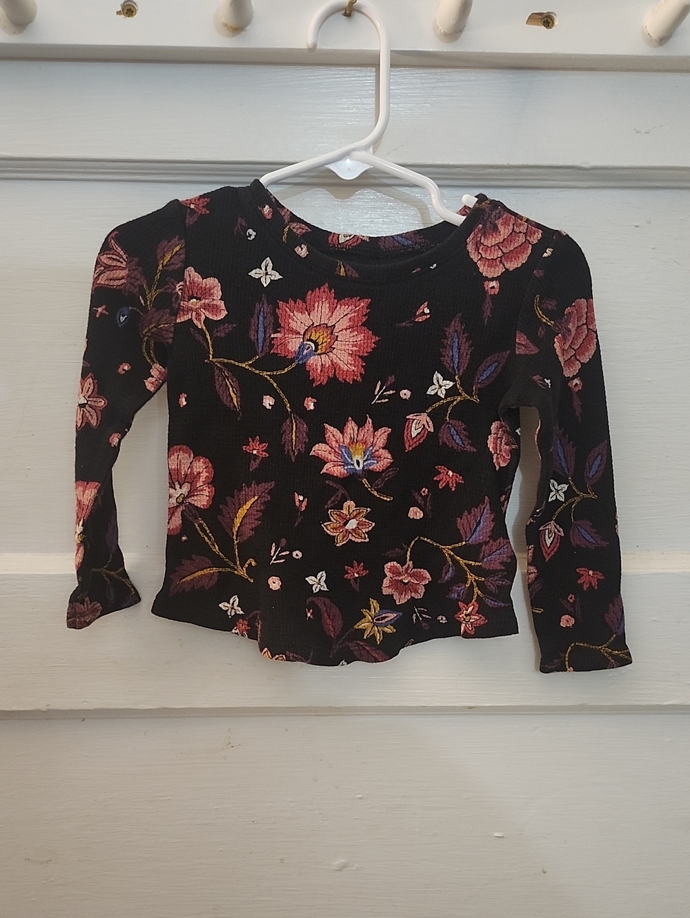 Old Navy Black Floral Ribbed Long Sleeve Top with Pink Accents